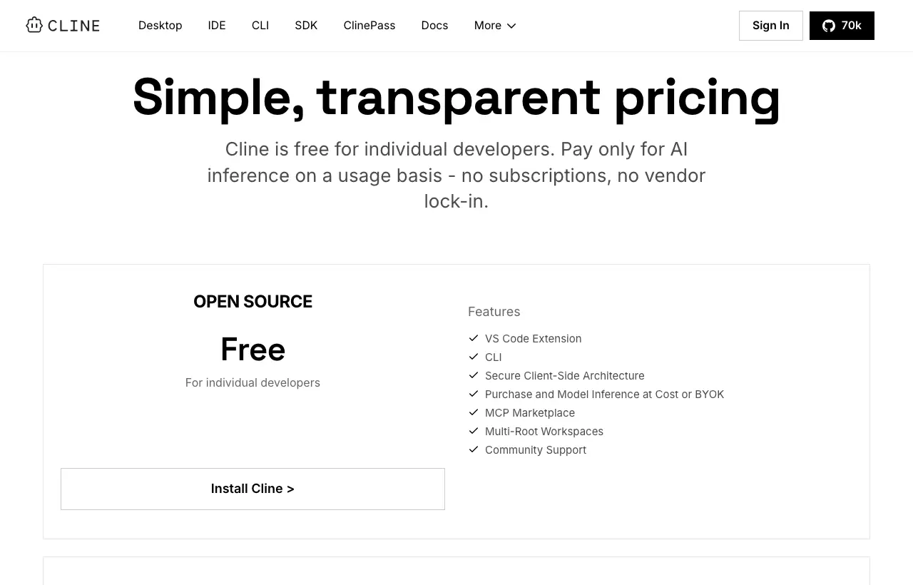 Cline pricing page: open source, free for individual developers, pay only for AI inference