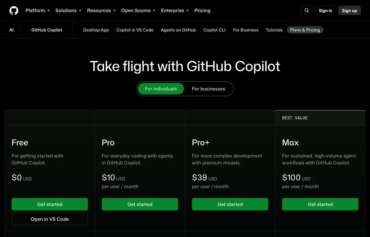 GitHub Copilot pricing page for individuals: Free $0, Pro $10, Pro+ $39, Max $100 per user per month