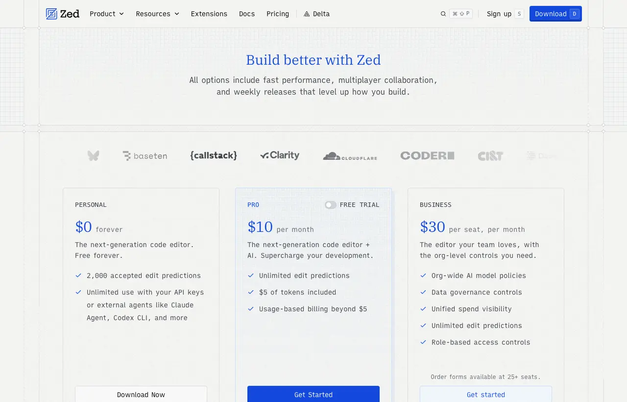 Zed pricing page: Personal $0 forever, Pro $10 per month with $5 of tokens, Business $30 per seat per month