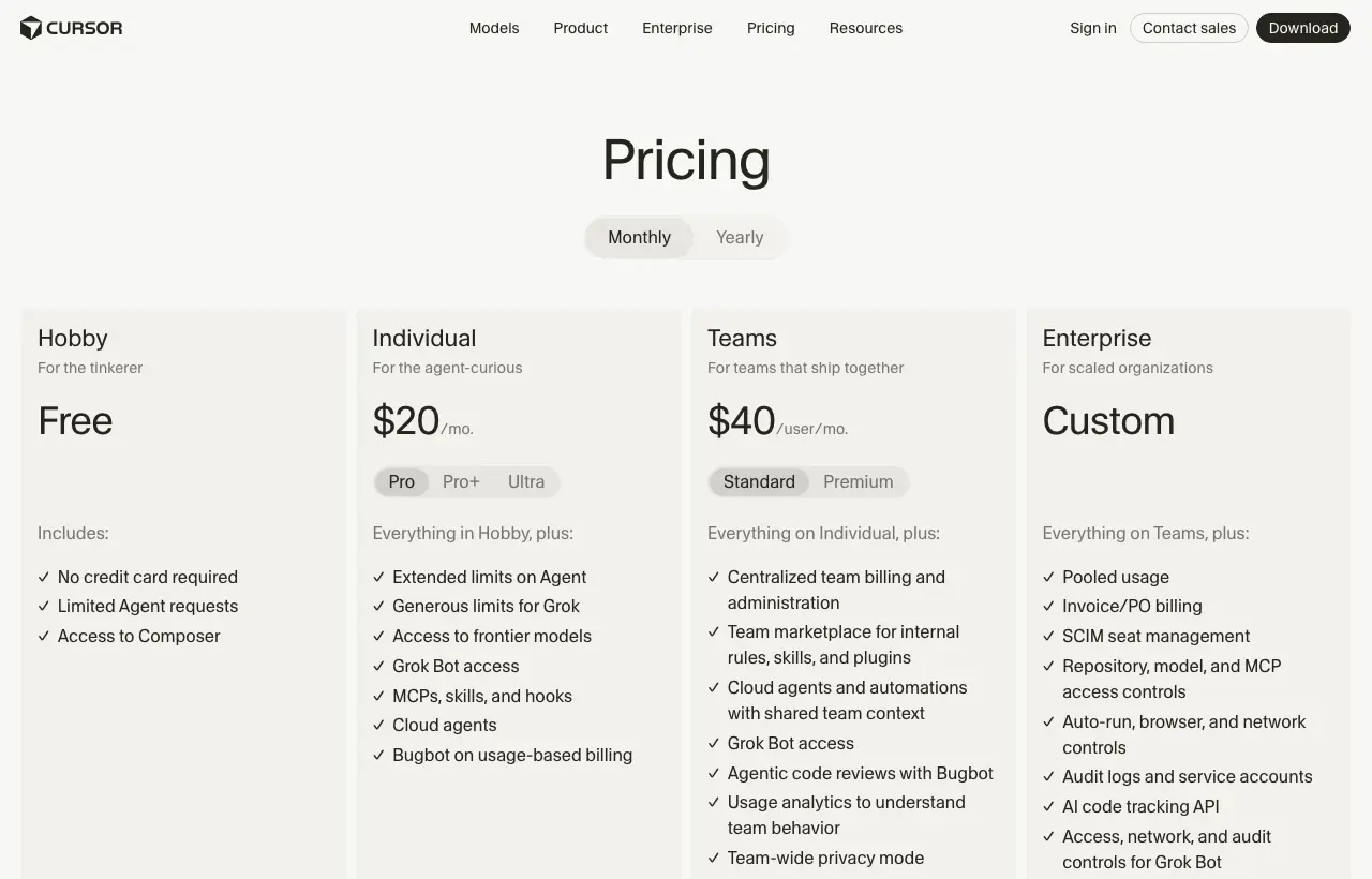 Cursor pricing page: Hobby free, Individual $20 per month, Teams $40 per user per month, Enterprise custom