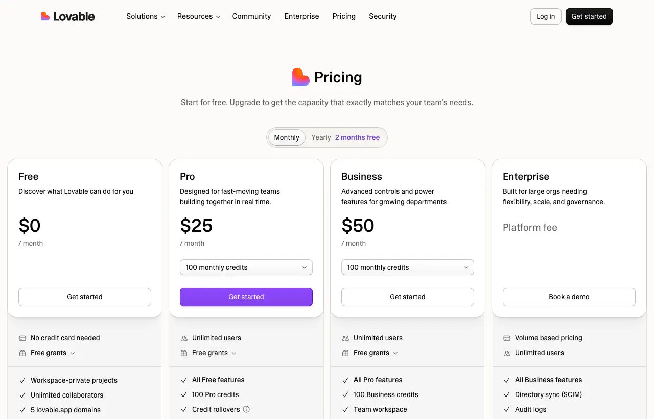 Lovable pricing page: Free $0, Pro $25 per month with 100 monthly credits, Business $50 per month with 100 monthly credits, Enterprise platform fee